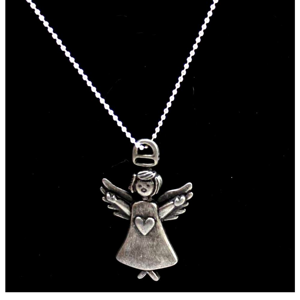 Vintage Little Angel Girl Pewter Pendant Necklace Wings Heart 2" Long